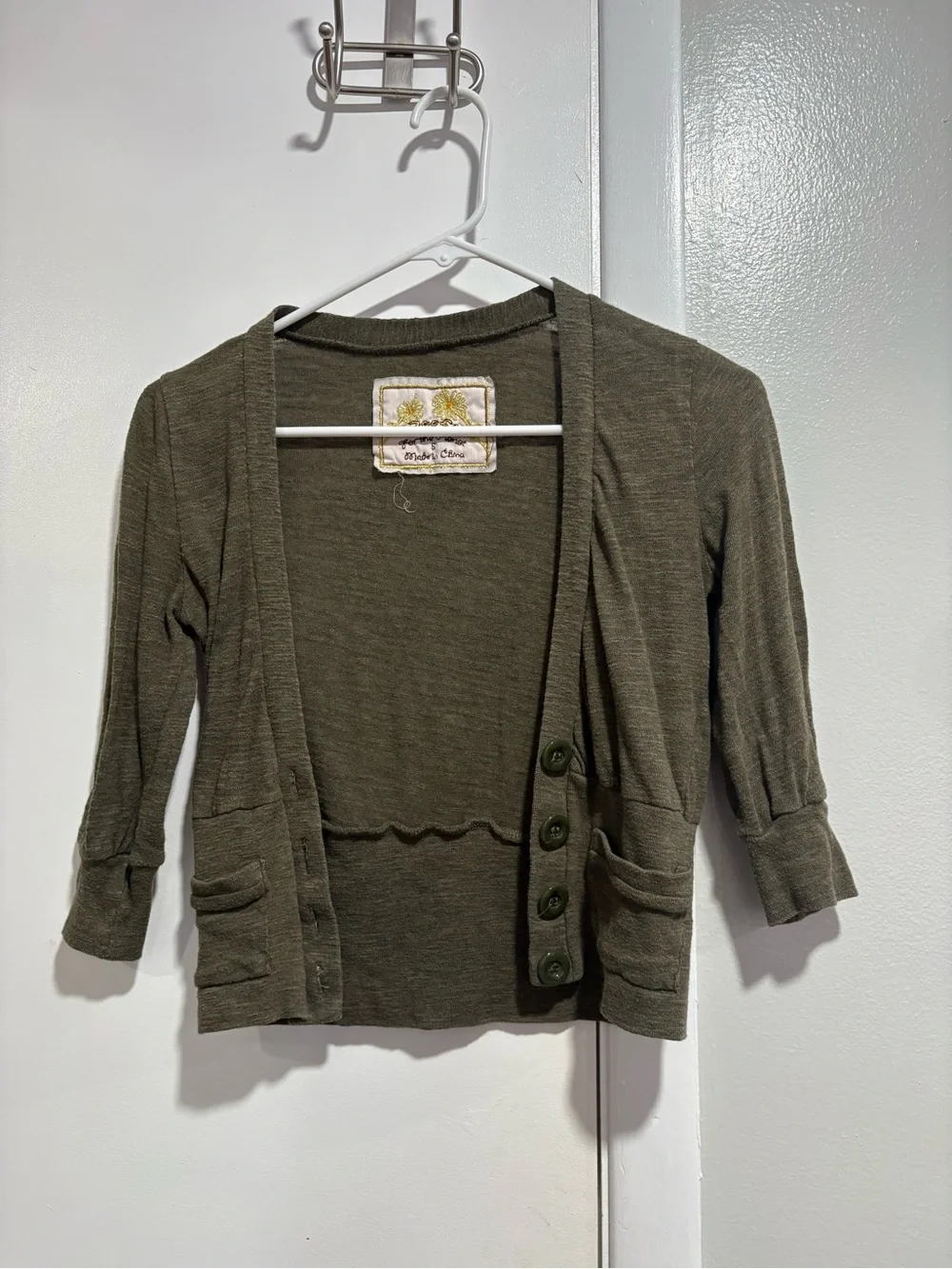Poof! Olive Green Cropped Cardigan Sweater - Picture 1 of 5